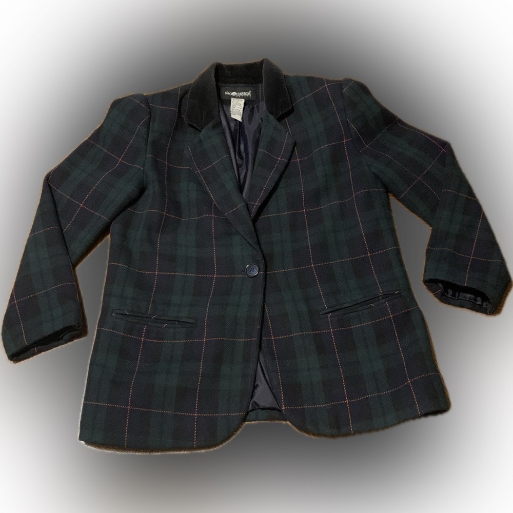 Vintage Wool Navy Green Structured Plaid Women’s Blazer Jacket Coat 8 Petite